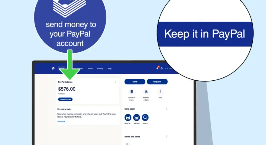 Schermata PayPal che mostra come ricaricare il tuo conto. Il saldo è di $576.00.
