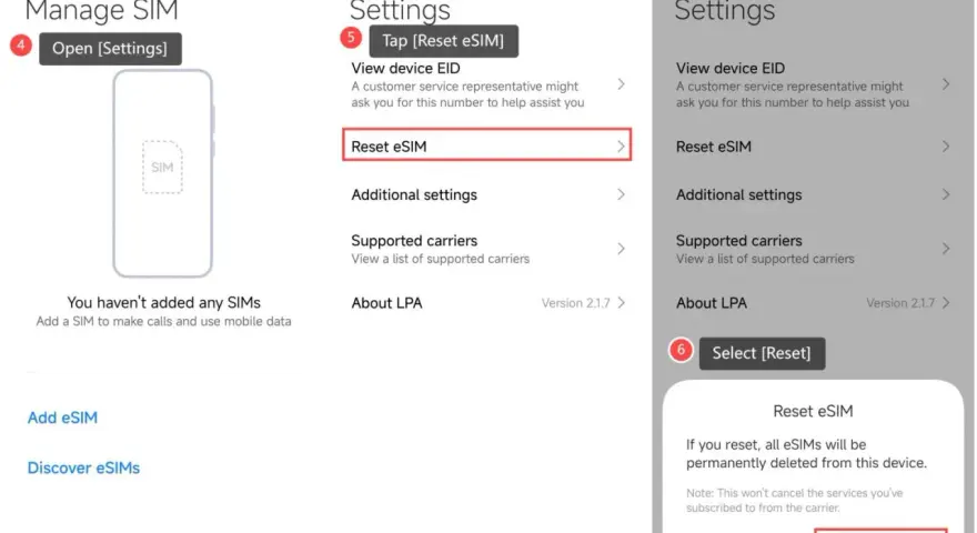 Schermata Xiaomi per resettare la tua eSIM. Tocca "Reset eSIM" per procedere.