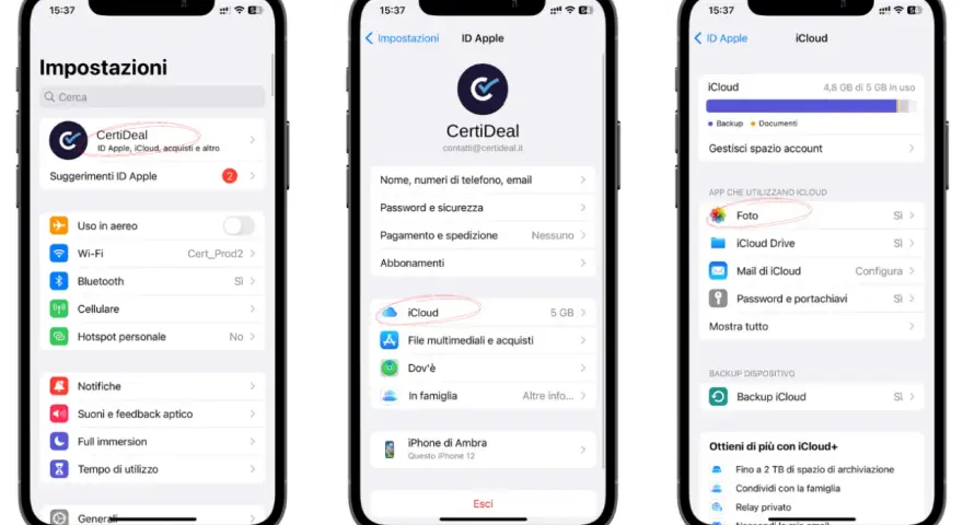Schermate iPhone: "dati di sistema iPhone occupa troppo spazio" è un problema comune. Qui si vede come lo spazio iCloud è quasi pieno, con Foto che occupa gran parte dello spazio.