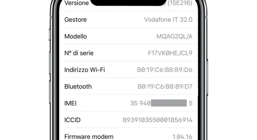 Dettagli iPhone: versione, gestore Vodafone, modello, numero di serie, Wi-Fi, Bluetooth, ICCID e il codice IMEI.