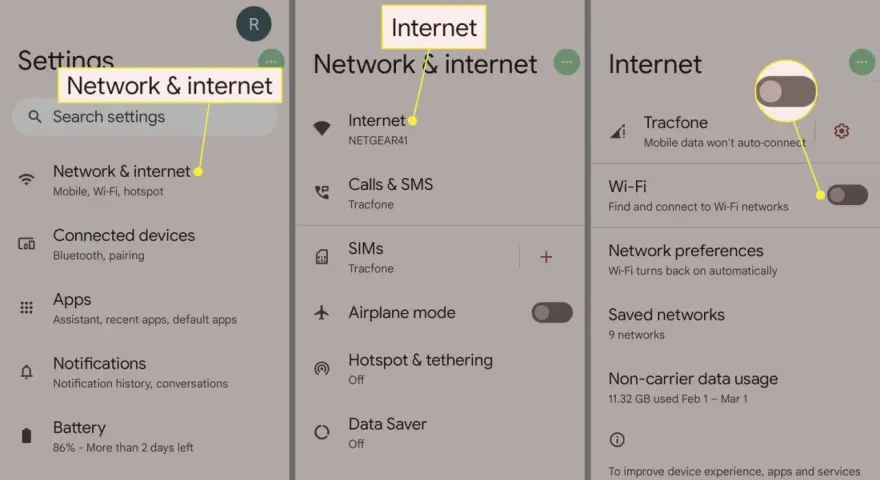 Impostazioni del telefono: "Rete e Internet" e "Hotspot & tethering".