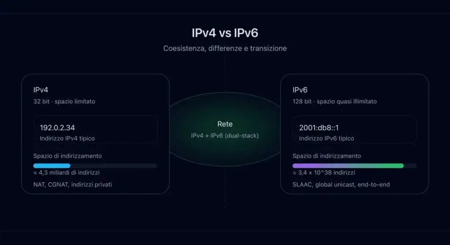 Confronto tra IPv4 (spazio limitato) e IPv6 (spazio quasi illimitato), con esempi di indirizzi e caratteristiche.