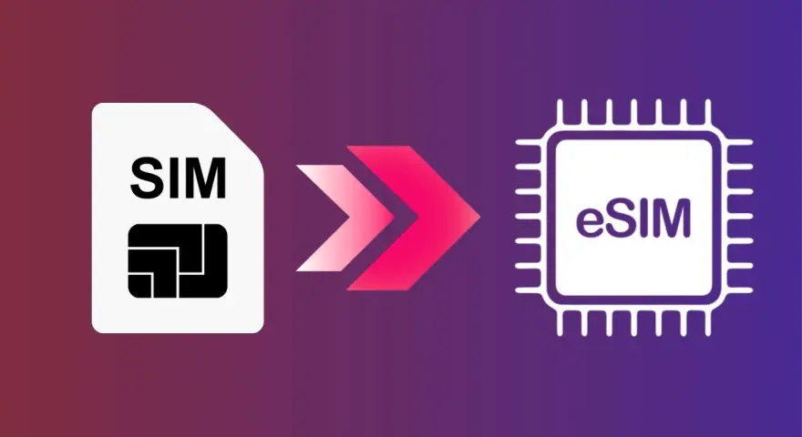 Icona SIM che si trasforma in eSIM, simboleggiando il passaggio alla tecnologia digitale.