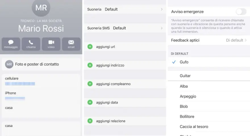 Schermata di un iPhone che mostra come impostare una canzone come suoneria per un contatto, con opzioni come "Gufo" e "Guitar".