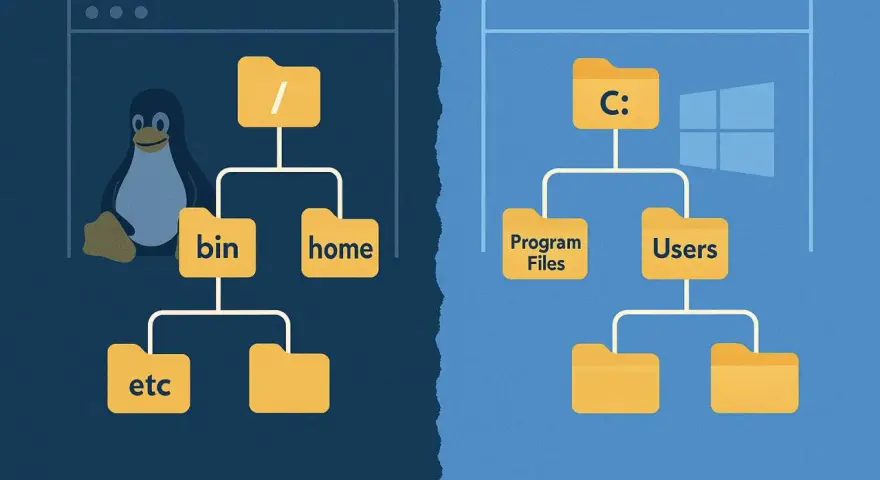 Linux and Windows folder structures side-by-side, with a penguin and C: drive icons.