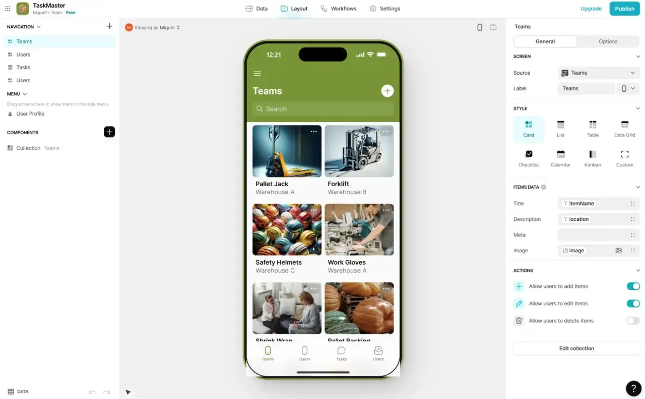 Interfaccia per creare app gratis: layout di una schermata 