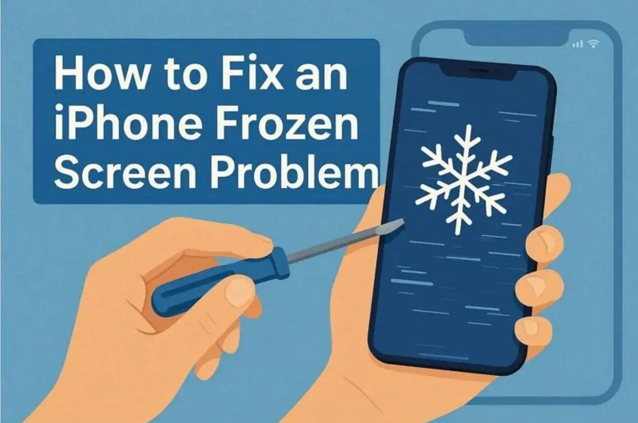 Mani che tengono un iPhone con schermo bloccato e un cacciavite, per spiegare come riavviare il telefono.