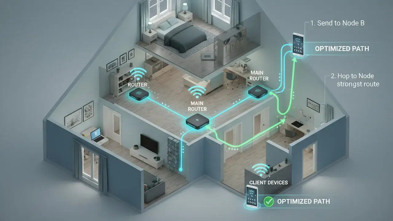 Schema di una casa con pi&ugrave; router che creano una rete mesh per una connessione ottimizzata.