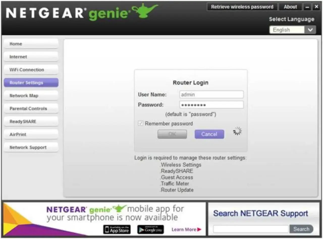 Schermata di login per entrare nel modem NETGEAR genie. Inserisci nome utente e password per accedere alle impostazioni del router.