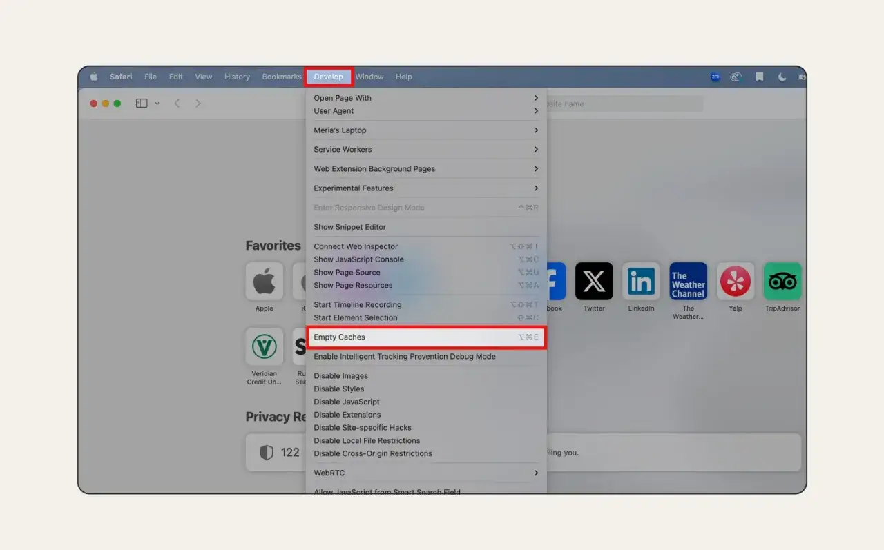 Menu Sviluppo di Safari, opzione 