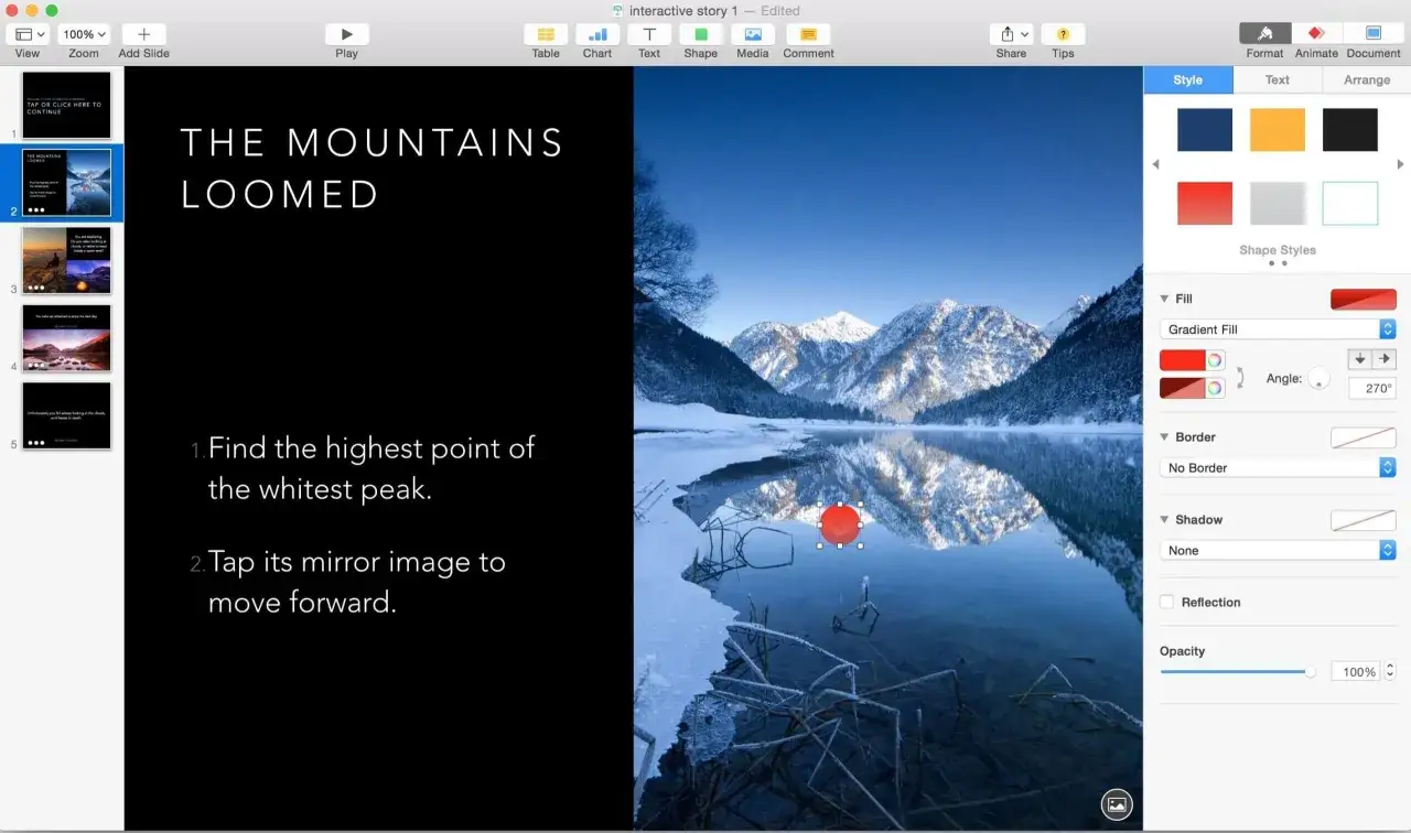Presentazione interattiva con montagne innevate e lago ghiacciato. Istruzioni per navigare: 