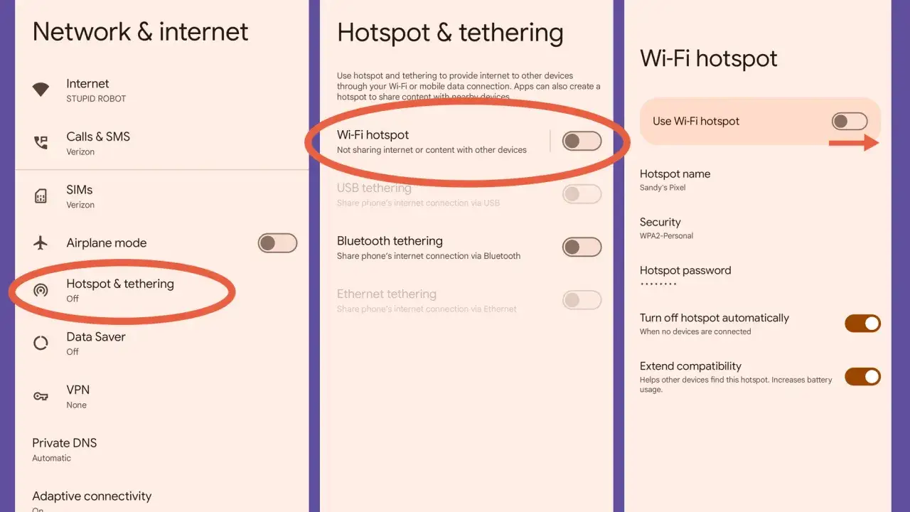 Schermata impostazioni Android: come si usa hotspot Wi-Fi. Tocca