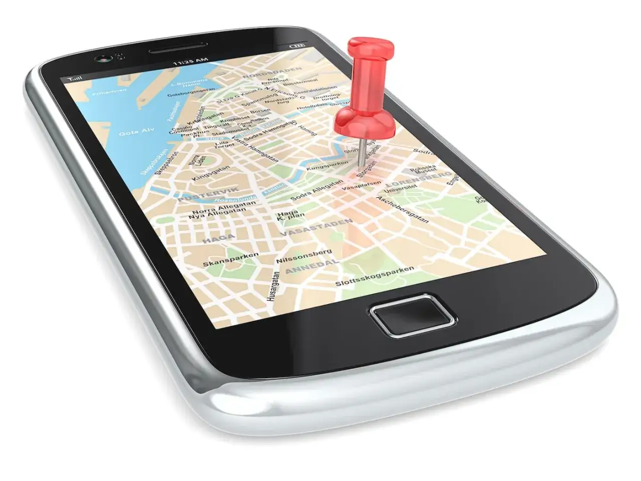Smartphone con mappa e puntina rossa. L'app di navigazione mostra la citt&agrave;, perfetta per esplorare.