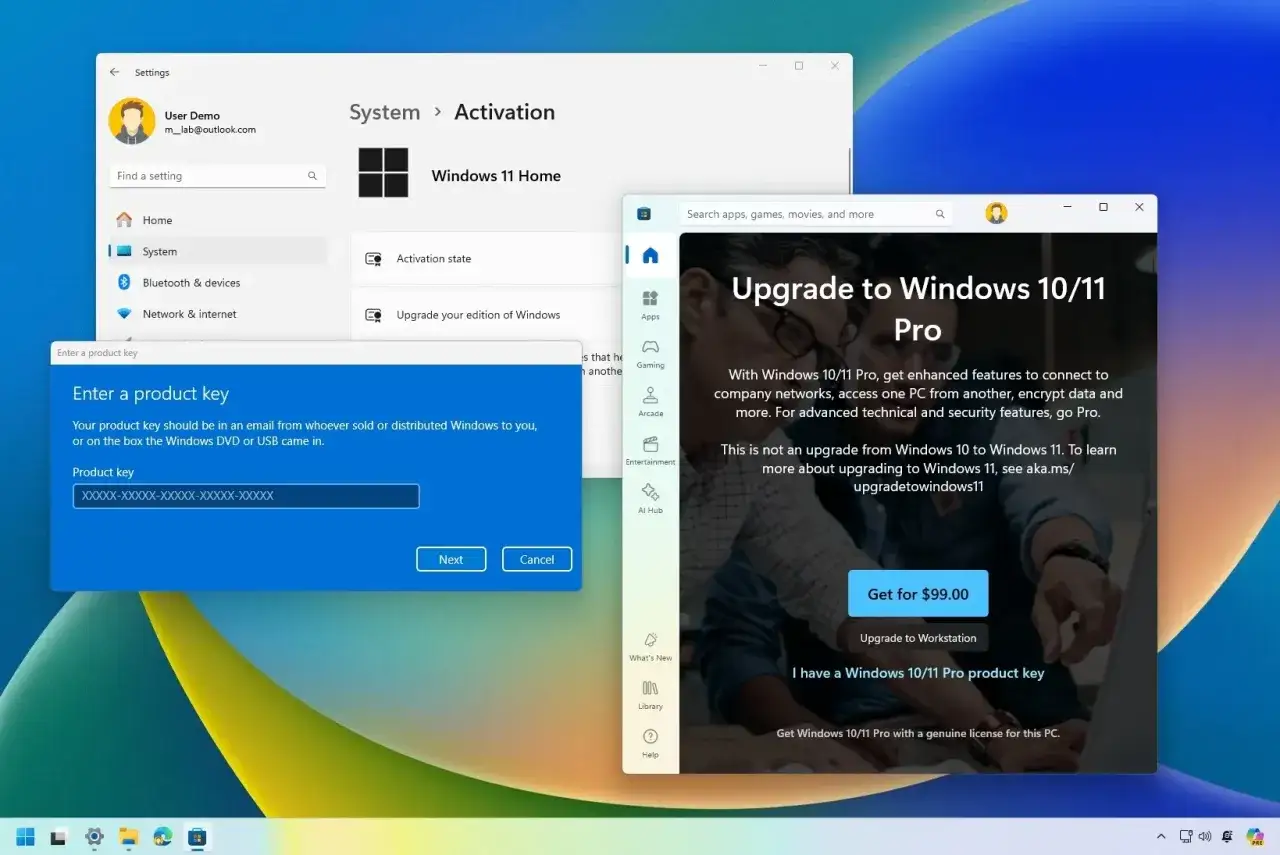Schermata di Windows 11 che mostra come passare da Windows 10 a Windows 11 inserendo un product key o acquistando una licenza.