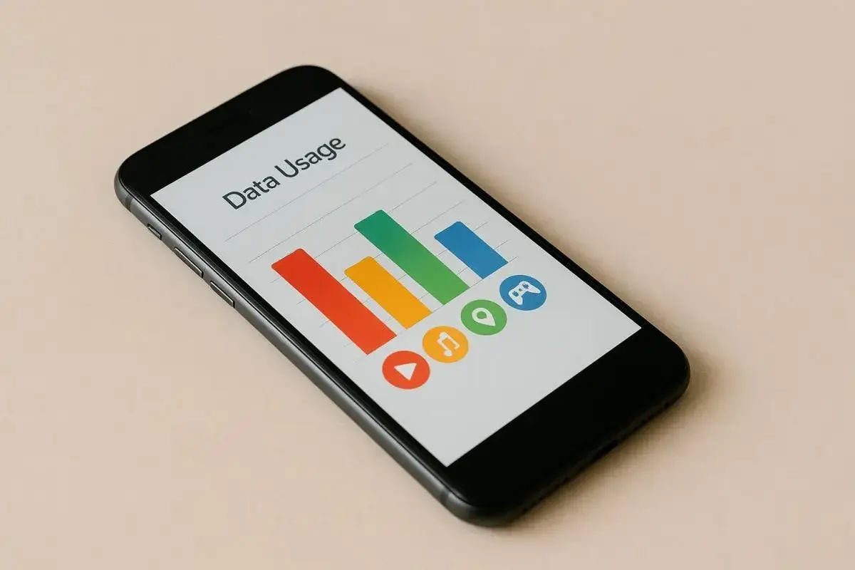 Grafico su smartphone mostra a cosa servono i giga: streaming, musica, mappe e giochi.