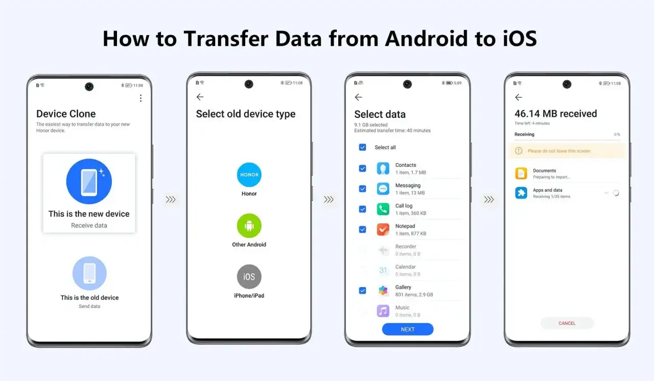 Guida su come trasferire i dati da un telefono all'altro, mostrando i passaggi su un dispositivo Honor.