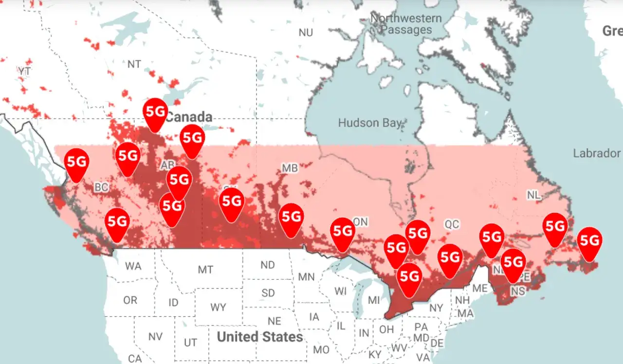 Mappa 5G in Canada. Copertura estesa per gli operatori telefonici canadesi, con segnalazioni rosse che indicano la disponibilit&agrave; del servizio.
