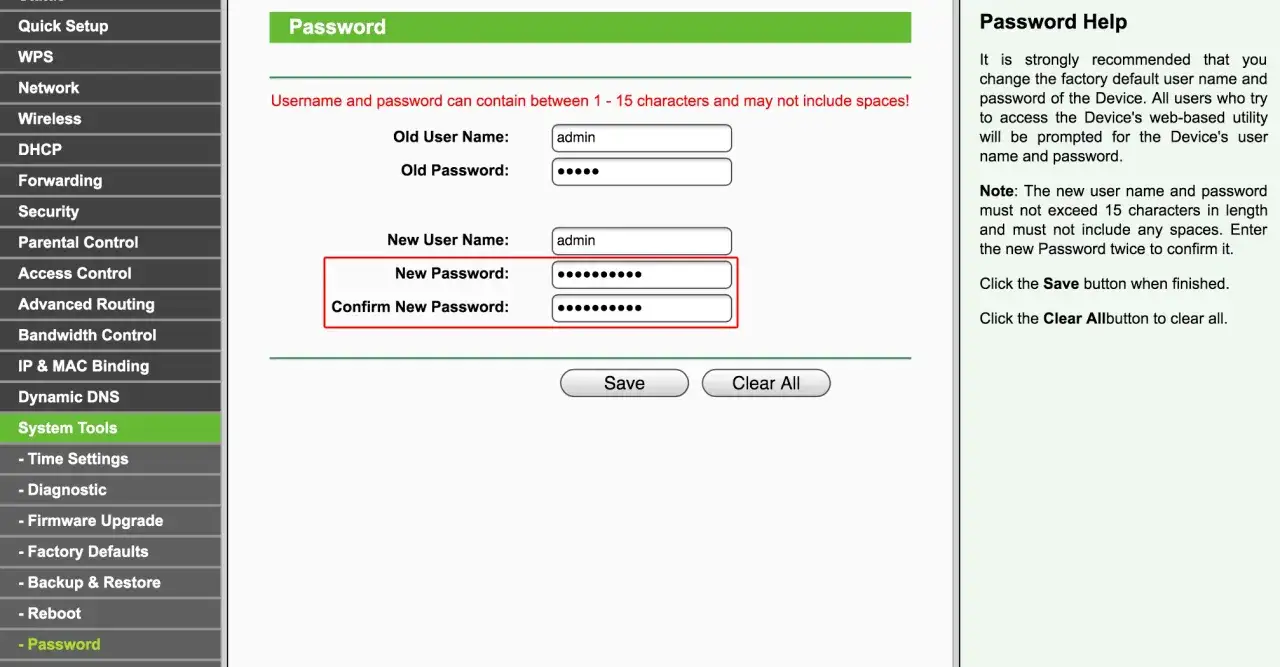Schermata per cambiare la password del router Wi-Fi. Inserisci vecchia e nuova password, poi salva.