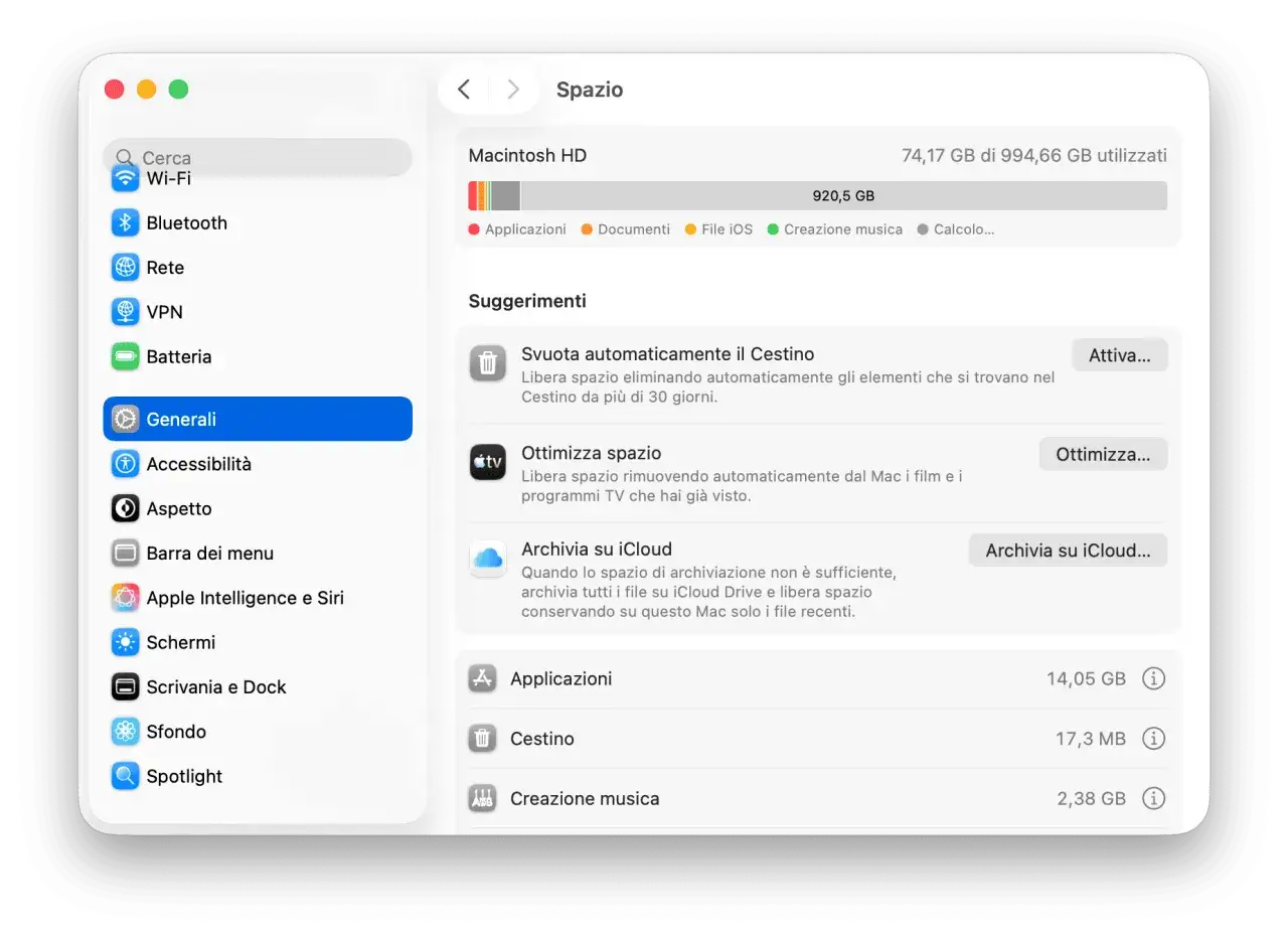 Schermata di macOS che mostra le opzioni per la pulizia del mac.