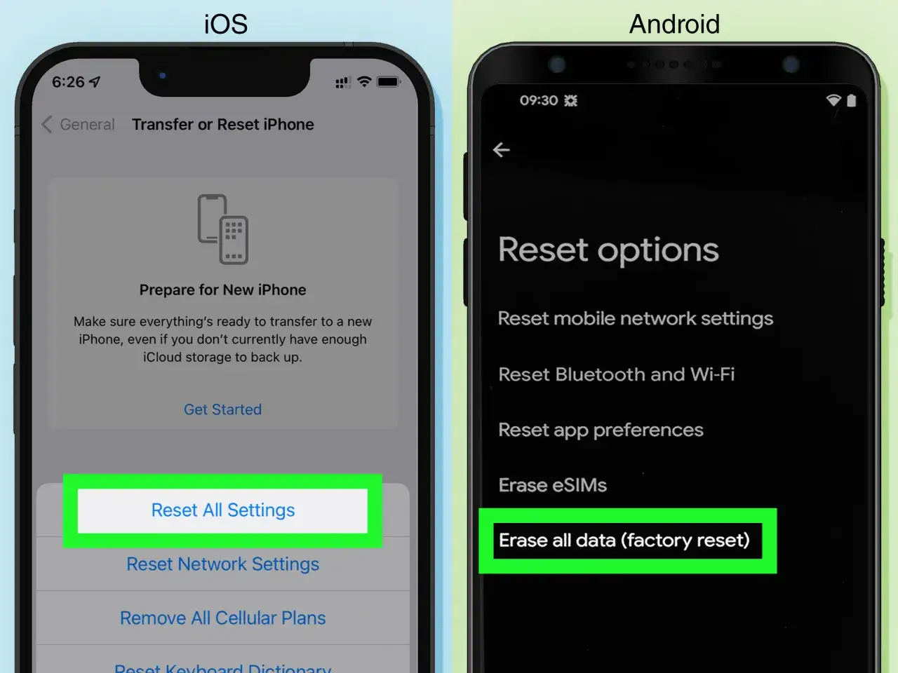 Schermate iOS e Android mostrano opzioni di reset. L'opzione