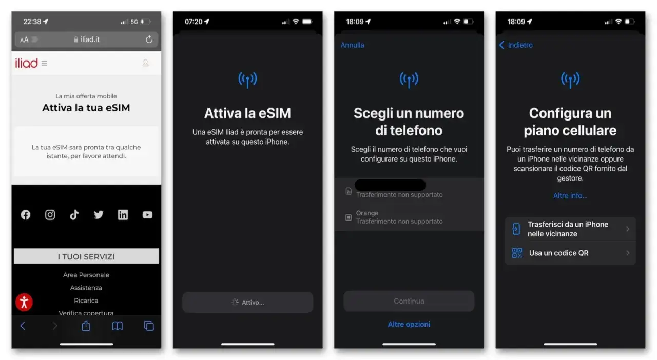 Configurazione eSIM Iliad su iPhone: attivazione, scelta numero e piano cellulare.
