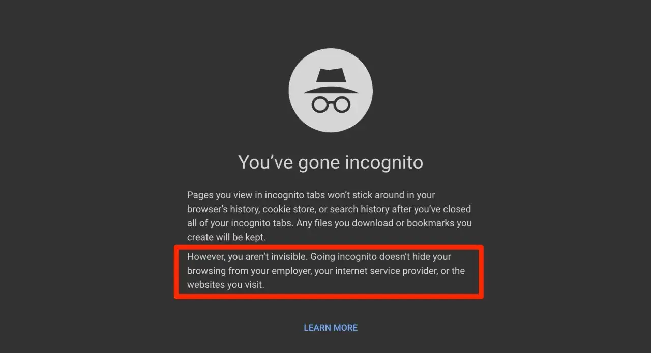 Schermata di navigazione in incognito da cellulare. Non sei invisibile online.