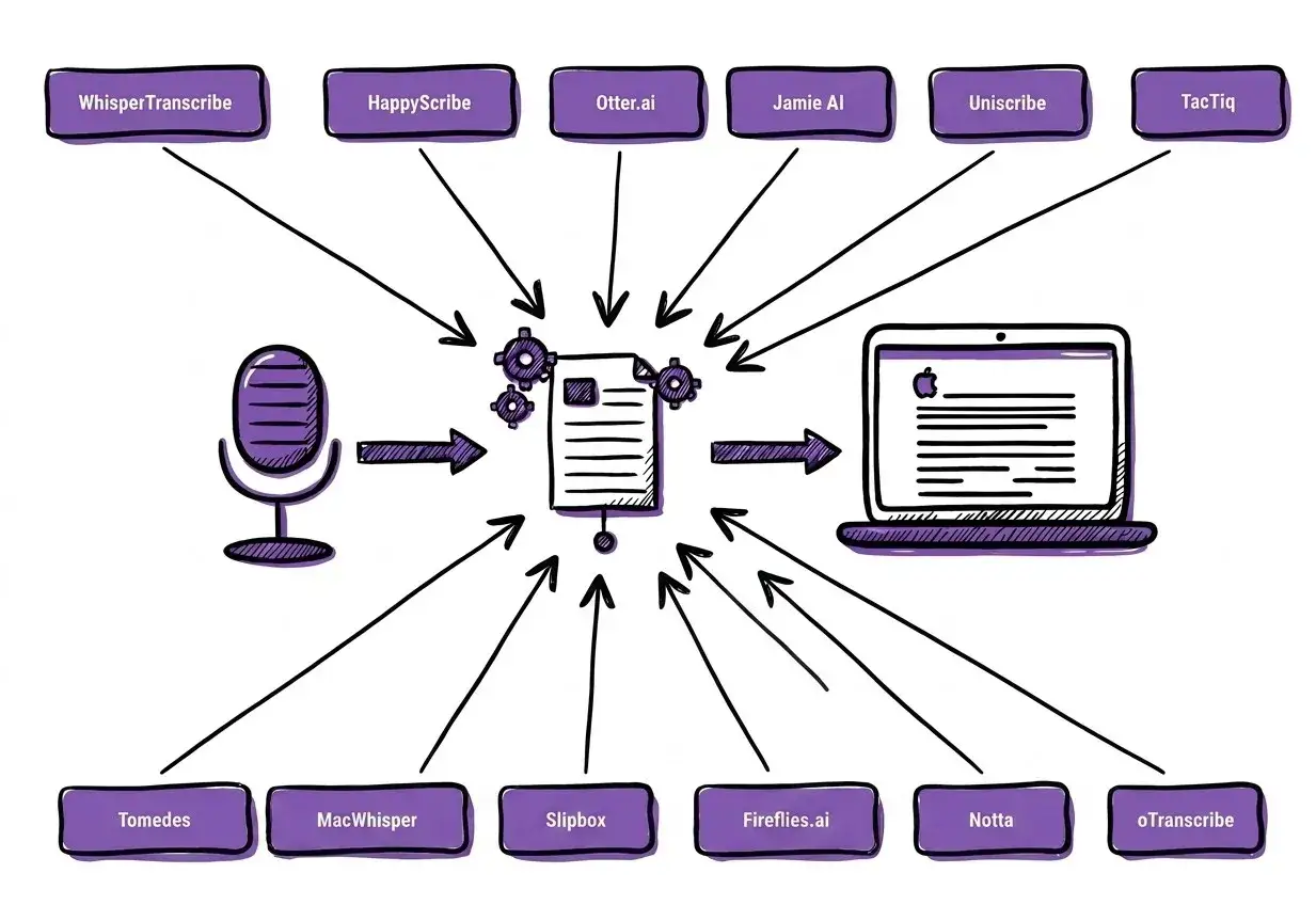 Schema che illustra come trascrivere un audio: microfono, documento con ingranaggi, laptop e varie app di trascrizione.