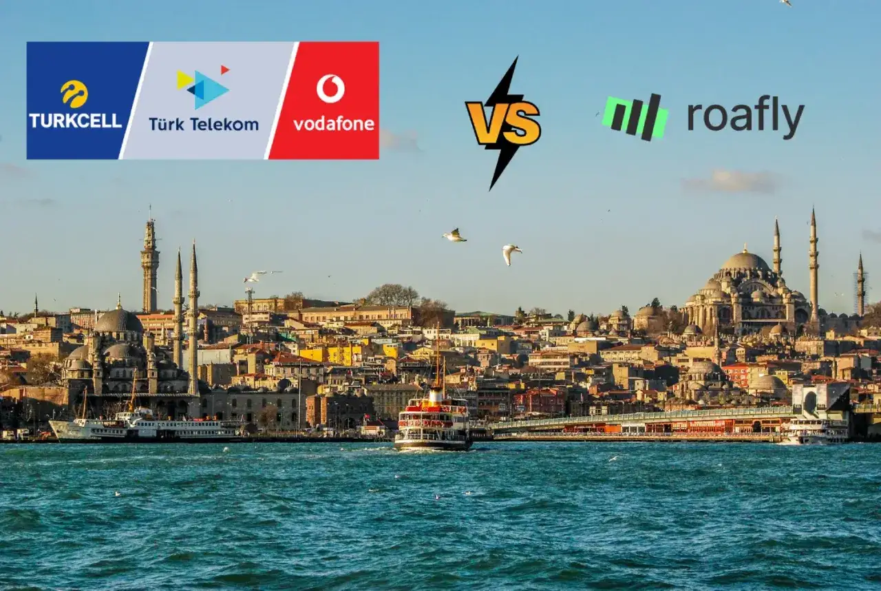 Confronto tra operatori di sim dati Turchia: Turkcell, Türk Telekom, Vodafone vs Roafly. Skyline di Istanbul con moschee e traghetto.