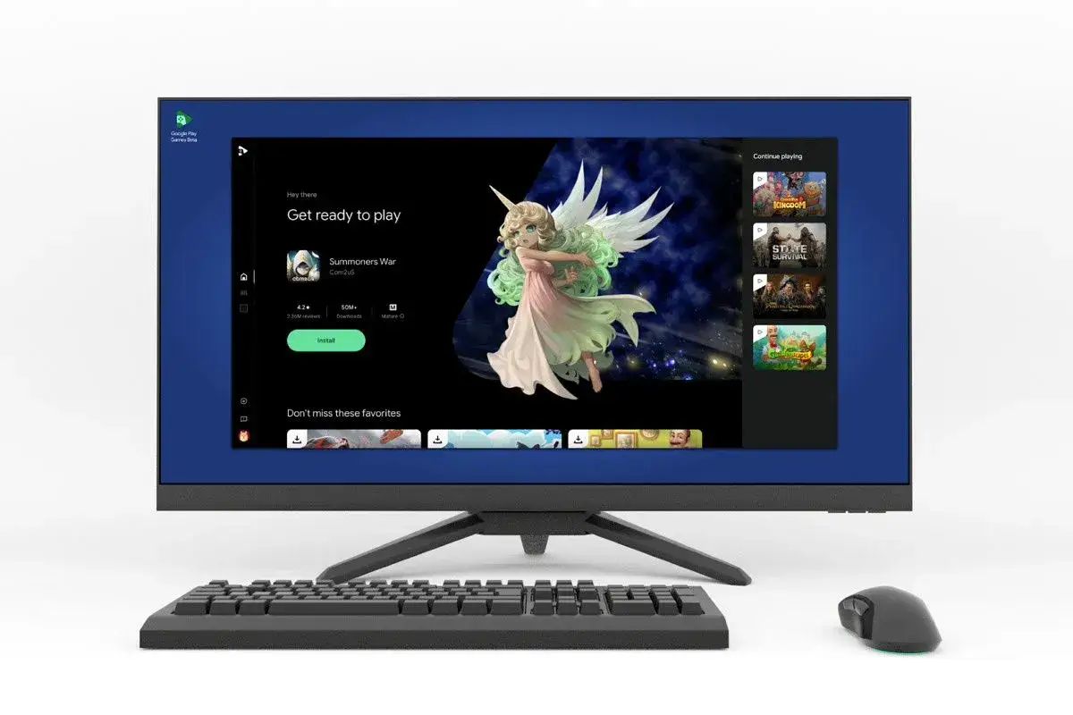Schermo di un computer con l'interfaccia di Google Play Games Beta per PC, che mostra il gioco Summoners War e altri titoli.