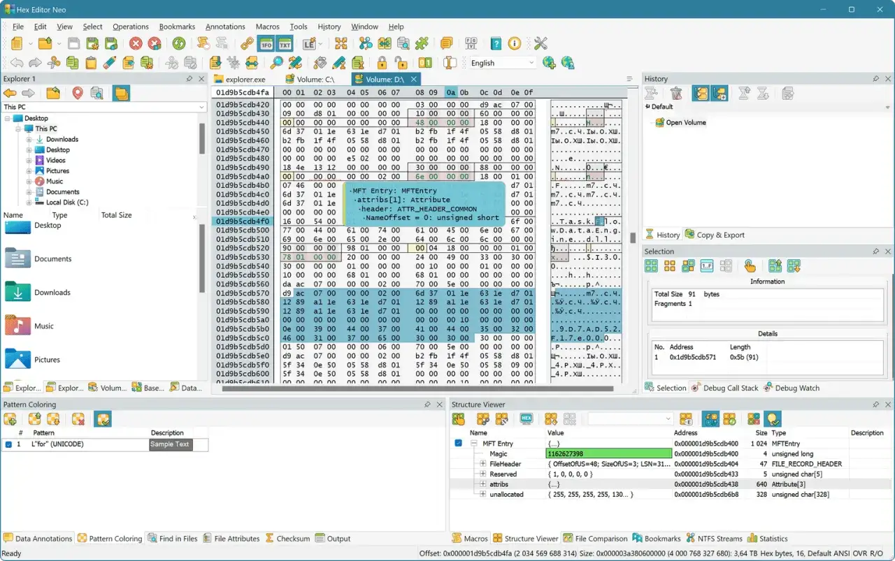 Finestra di Hex Editor Neo che mostra il contenuto di un file binario, con la struttura dati visualizzata.