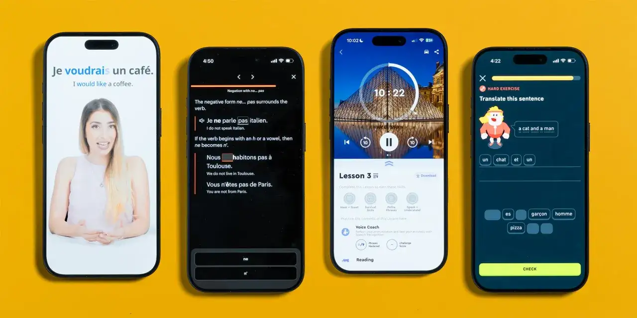 Quattro smartphone mostrano un'app per imparare inglese con lezioni di lingua, esercizi di traduzione e un coach vocale.