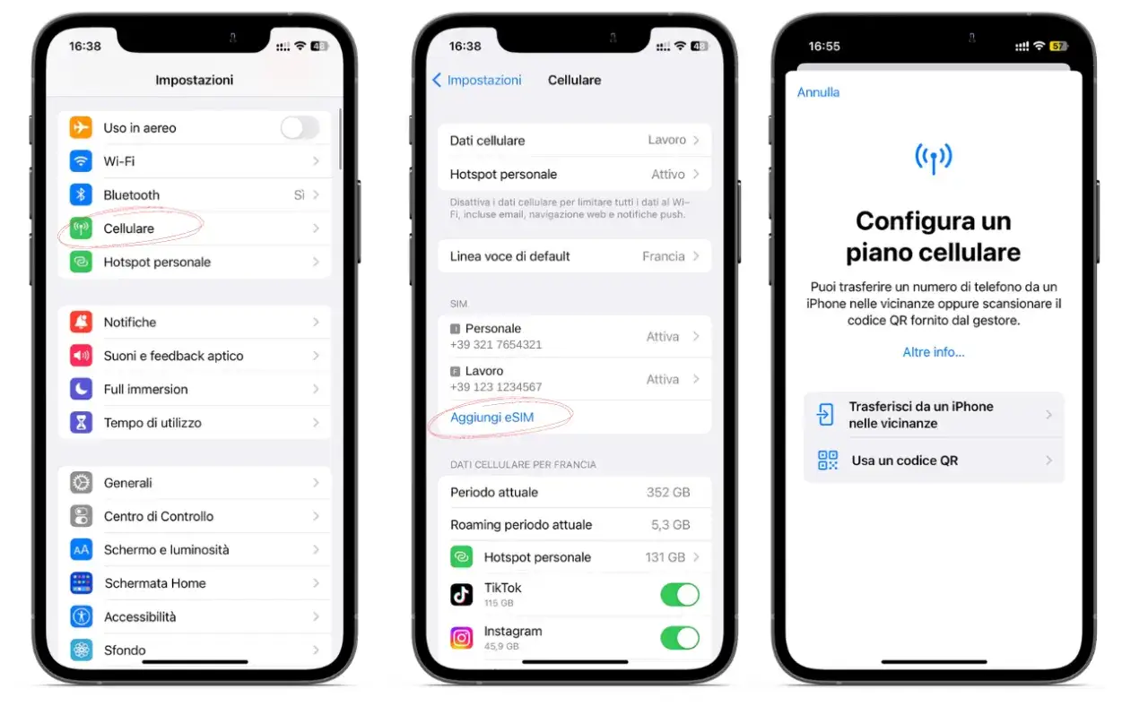 Configura un piano cellulare per esim attivazione immediata. Scegli tra trasferimento da iPhone vicino o scansione codice QR.