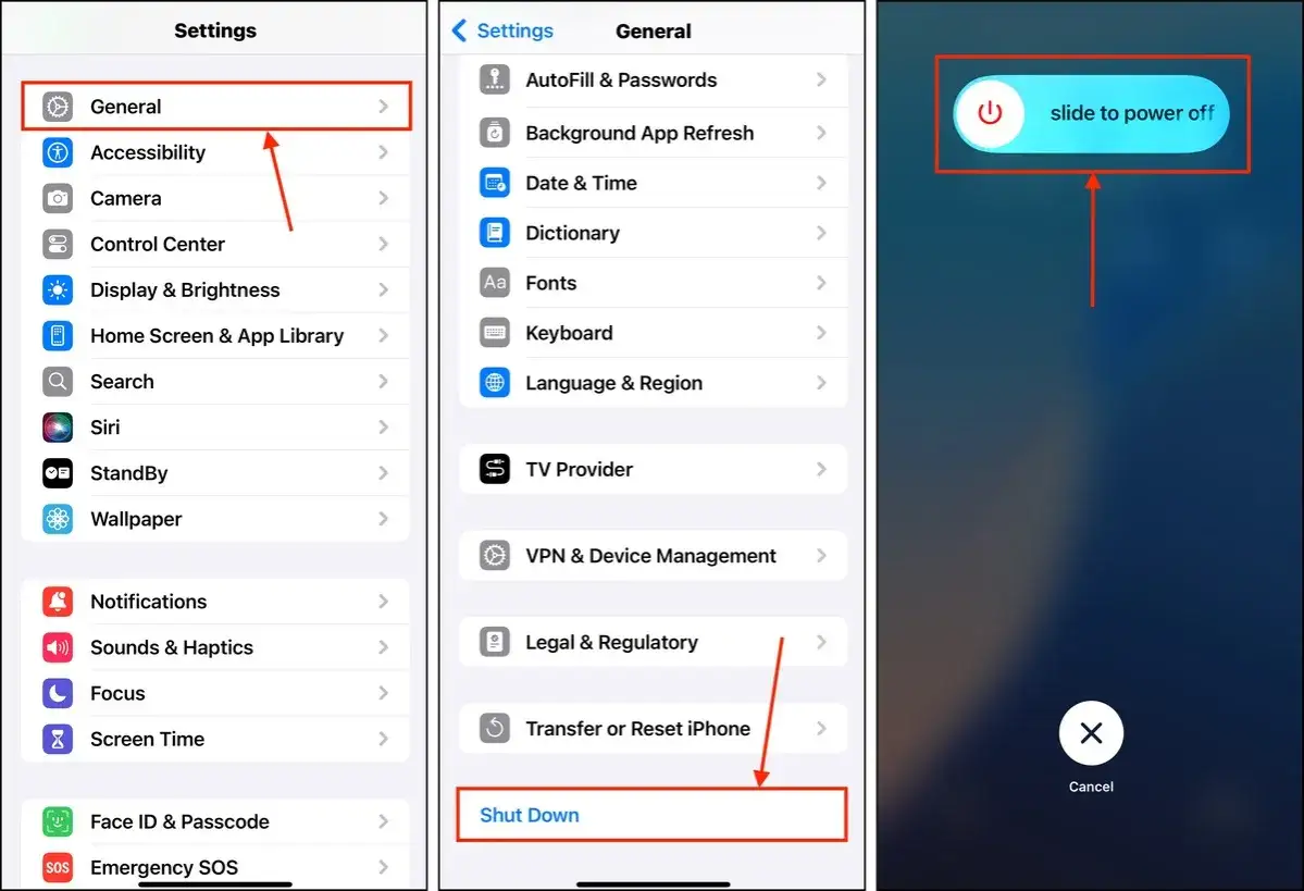 Guida per cancellare tutto da iPhone: vai su Generali, poi su Trasferisci o inizializza iPhone, infine su Spegni.