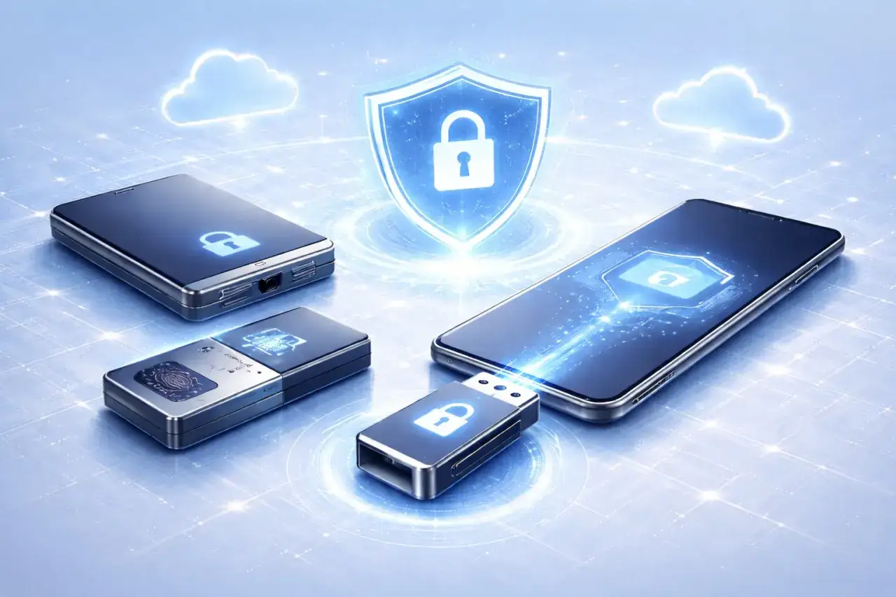 Dispositivi mobili e chiavetta USB con lucchetti luminosi, pronti per un sicuro backup telefono nella nuvola.