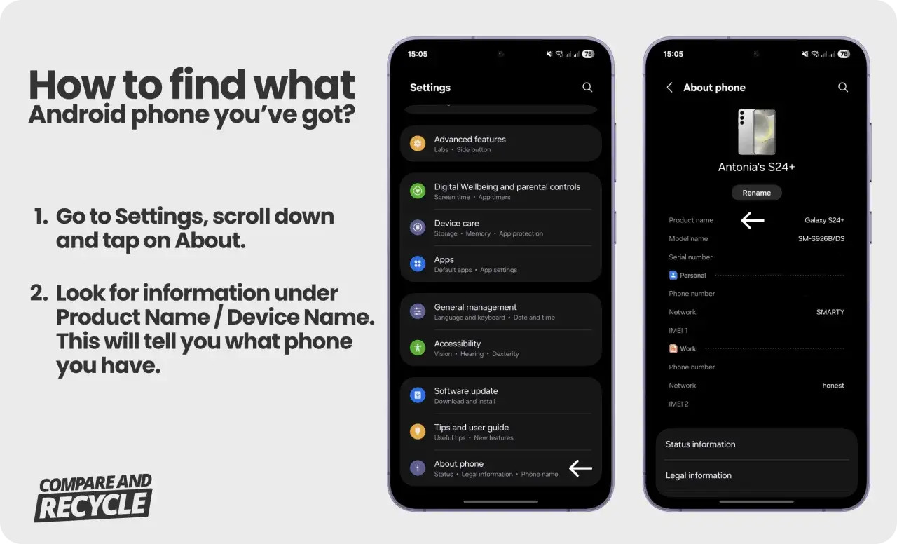 Schermata di un telefono Android che mostra come trovare il nome del modello. 