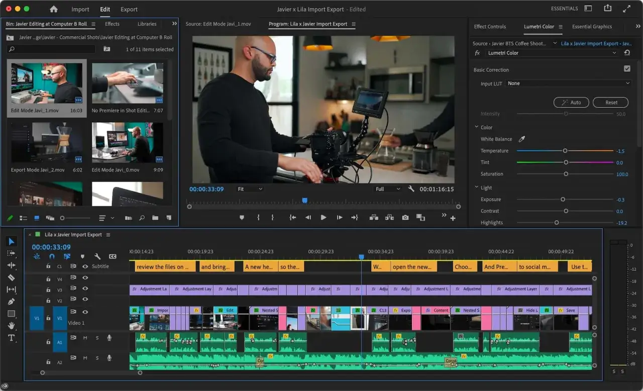 Interfaccia di programmi per montare video, con timeline, clip e pannello Lumetri Color per la correzione colore.