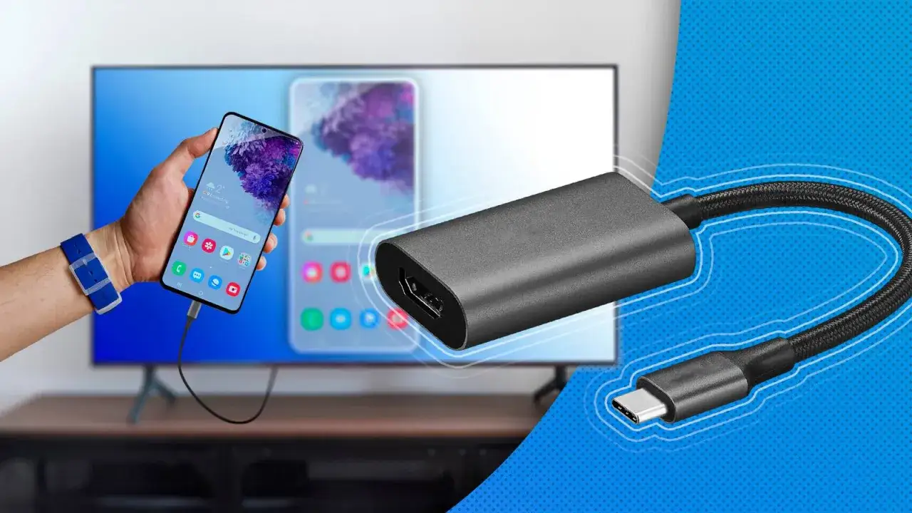 Adattatore per collegare il telefono alla TV. Un cavo USB-C si collega a un adattatore HDMI, mostrando come trasmettere contenuti dallo smartphone al grande schermo.