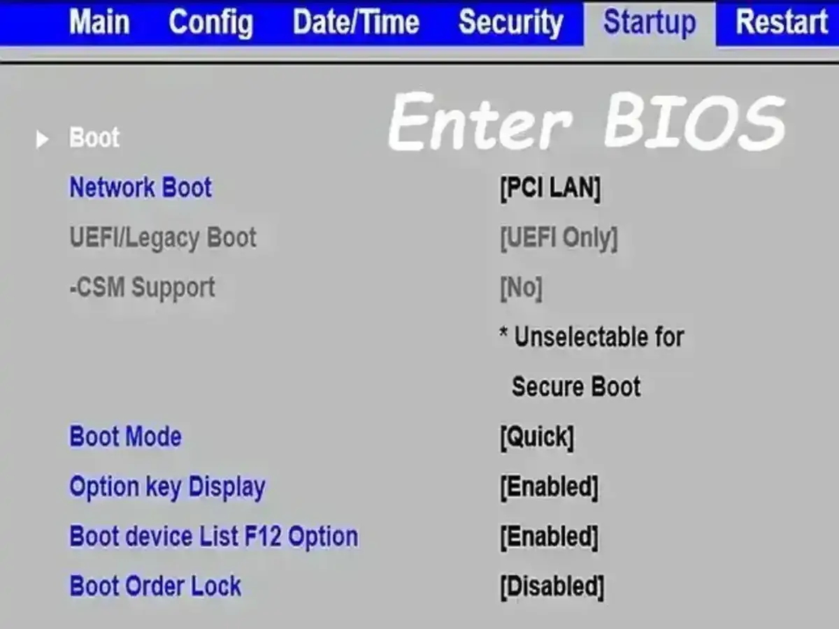 Schermata per come entrare nel BIOS, con opzioni di avvio come Network Boot e UEFI/Legacy Boot.