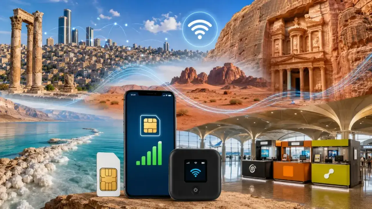 Connettività in Giordania: SIM, hotspot e Wi-Fi ovunque, dalle antiche rovine di Petra alla moderna Amman, per un viaggio sempre connessi.