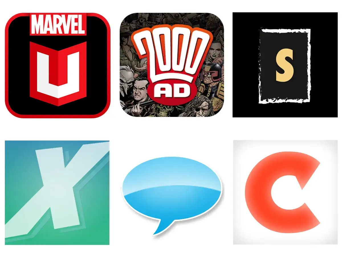 Loghi Marvel, 2000 AD, S, X, fumetto blu e C. Un collage di icone, forse per un file cbr.