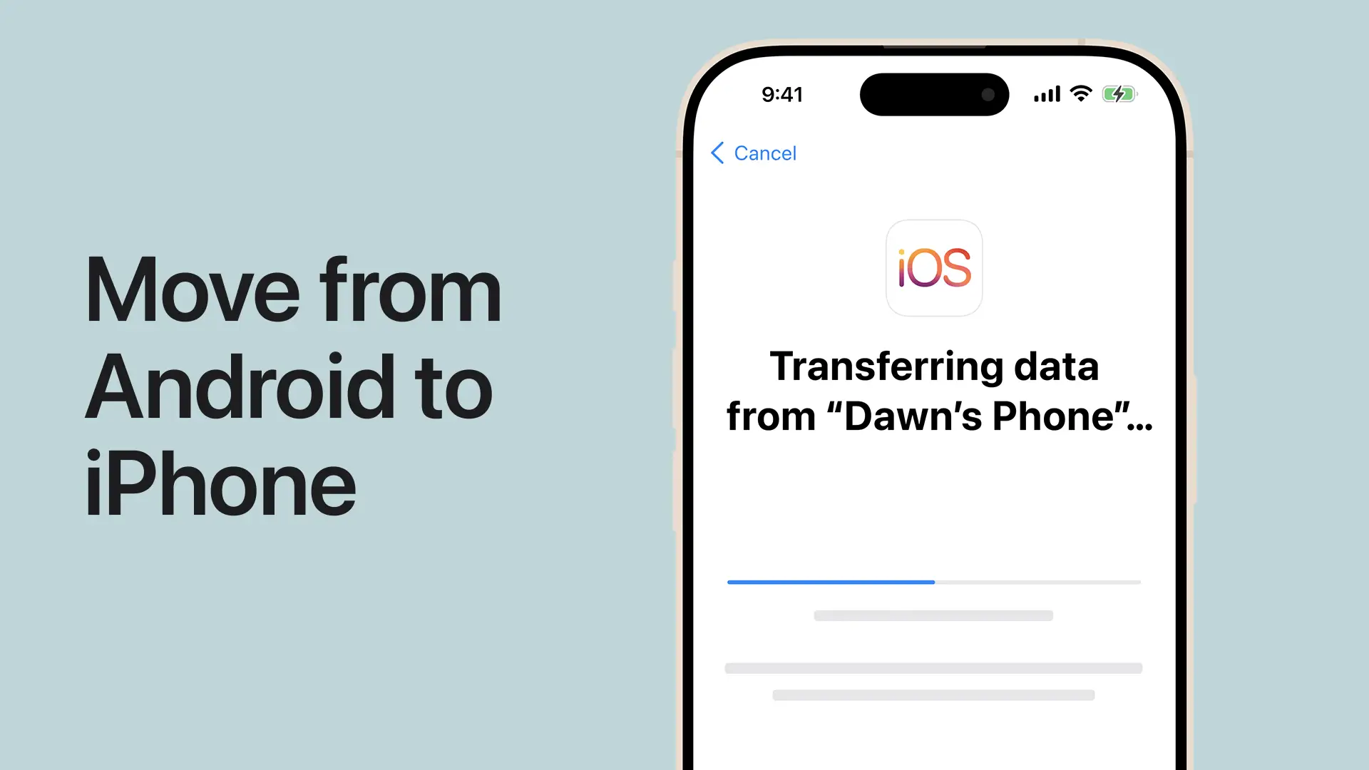 Schermata iPhone che mostra il processo di trasferimento dati da Android a iPhone.