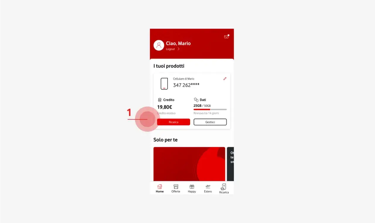 Schermata app mobile: saldo 19,80€, dati 25GB/50GB. Pulsante 