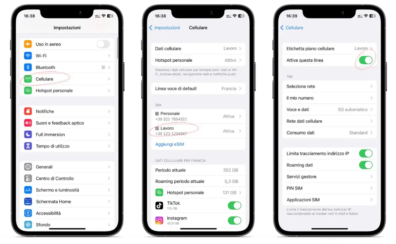 Schermate iPhone: impostazioni cellulare, dati attivi per piano 