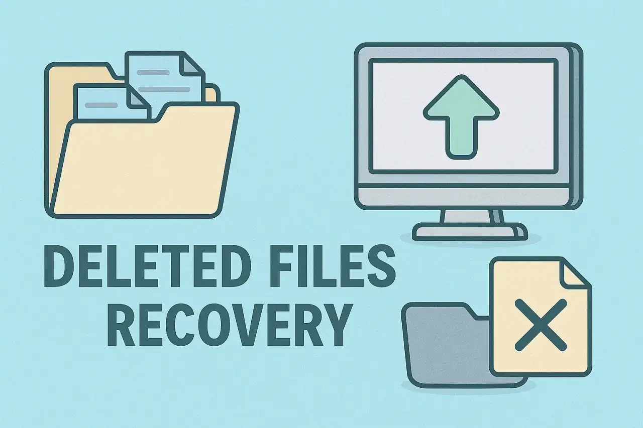 Icone che illustrano come recuperare file cancellati dal cestino: cartella con documenti, computer con freccia di caricamento e cartella con documento barrato.
