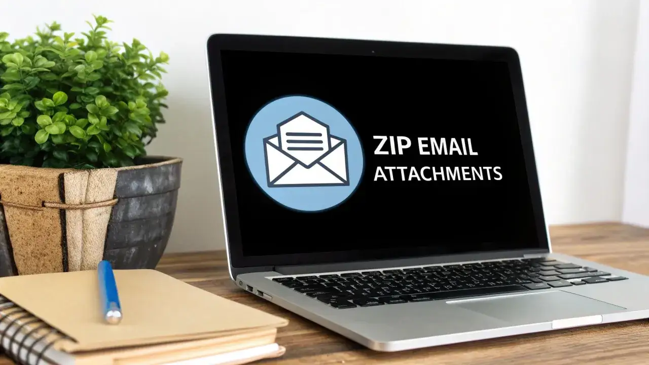 Laptop con schermo che mostra come comprimere un file per allegati email.