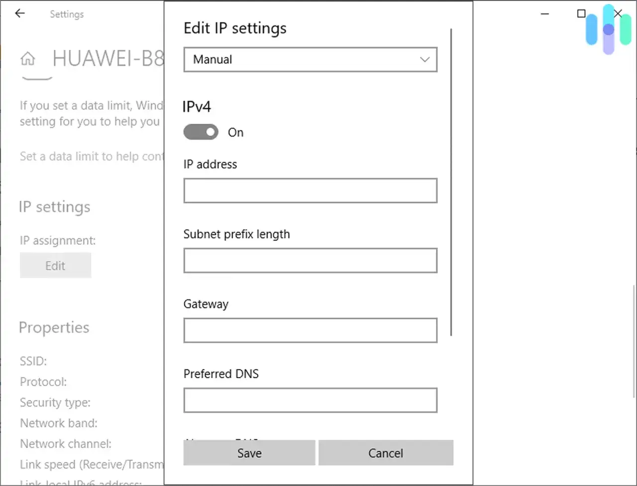 Schermata per cambiare indirizzo IP, con opzioni manuali per IPv4, indirizzo IP, subnet, gateway e DNS.