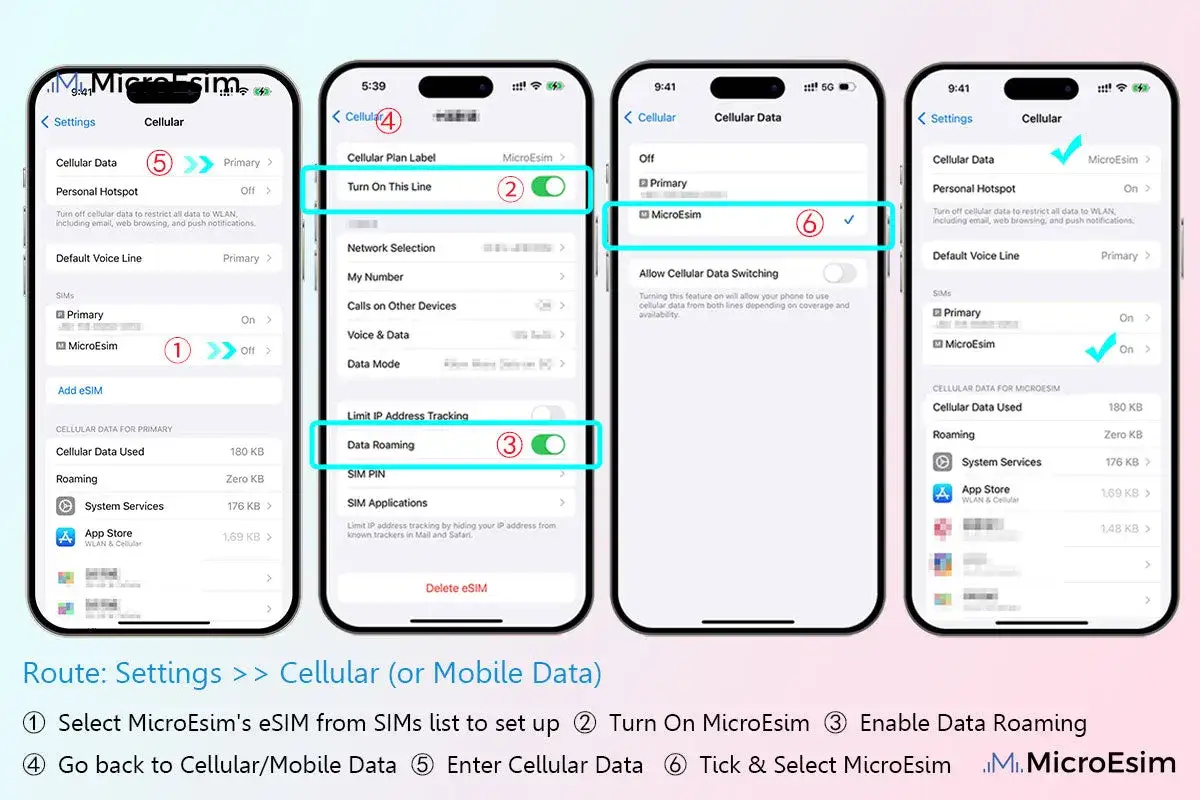 Configurazione iPhone XR eSIM: seleziona MicroEsim, attiva la linea e il roaming dati per un uso ottimale.