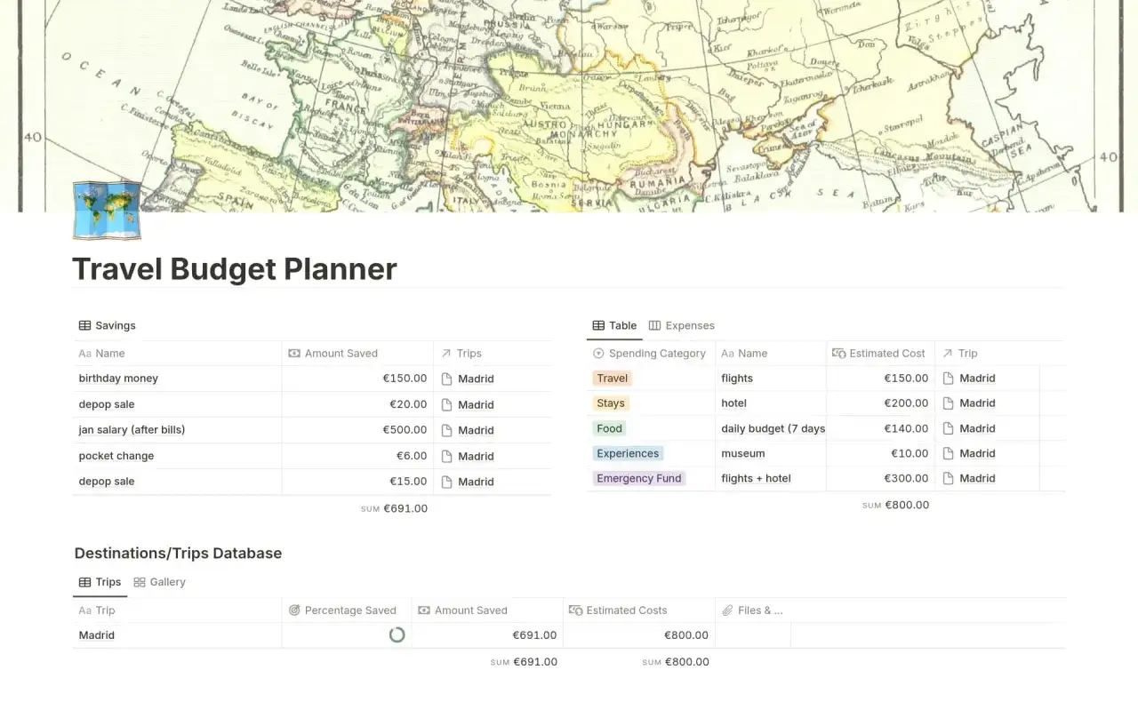 Pianifica il tuo prossimo viaggio a Madrid con questa app per organizzare viaggi. Monitora risparmi e spese per voli, hotel e budget giornaliero.