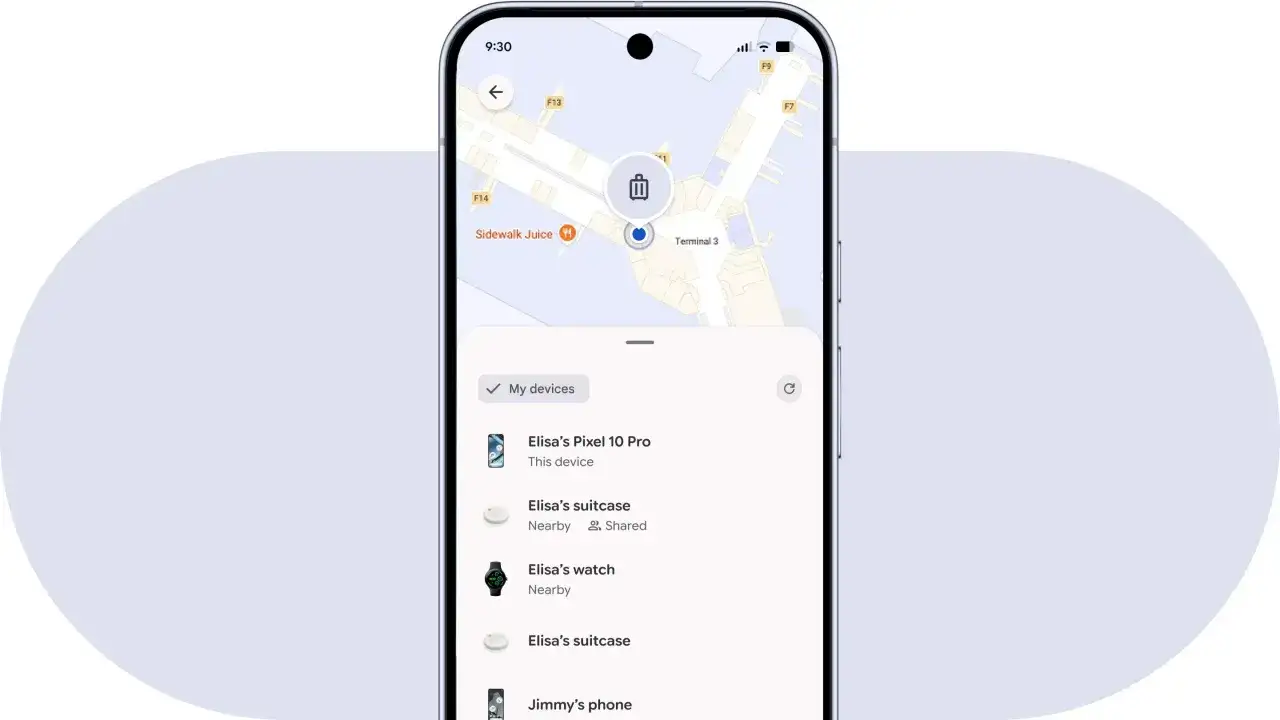 App per localizzare un cellulare e altri dispositivi. Mostra la posizione di una valigia in un terminal aeroportuale.
