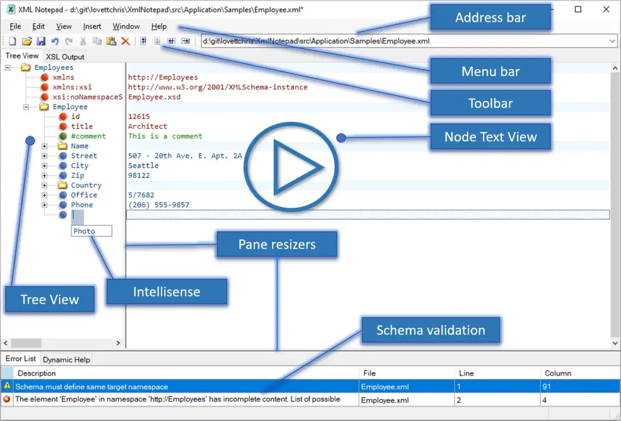 Interfaccia di XML Notepad che mostra come aprire file XML, con vista ad albero, editor e validazione schema.